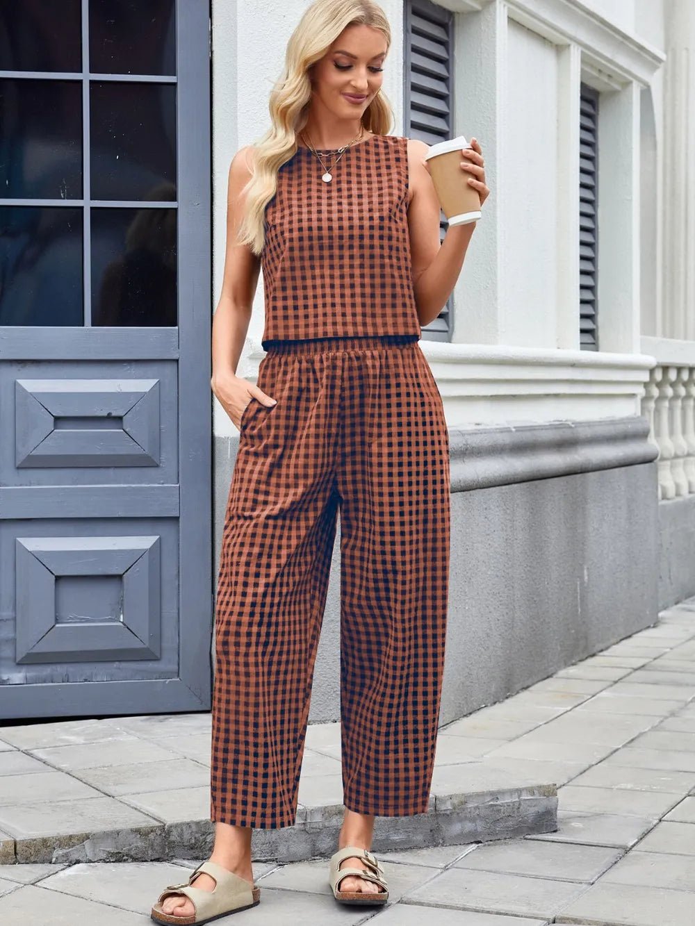 Plaid Sleeveless Top and Pants Set - JUST - JEN BOUTIQUE
