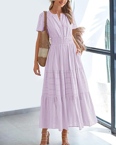 V - neck pleated bubble sleeves large swing short sleeved dress - JUST - JEN BOUTIQUE