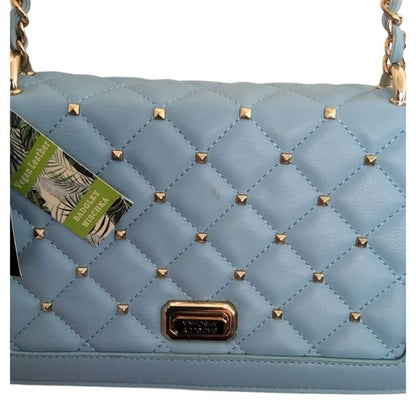 Badgley Mischka Lt.Blue Front Quilted Gold Studded Vegan Leather Crossbody Bag