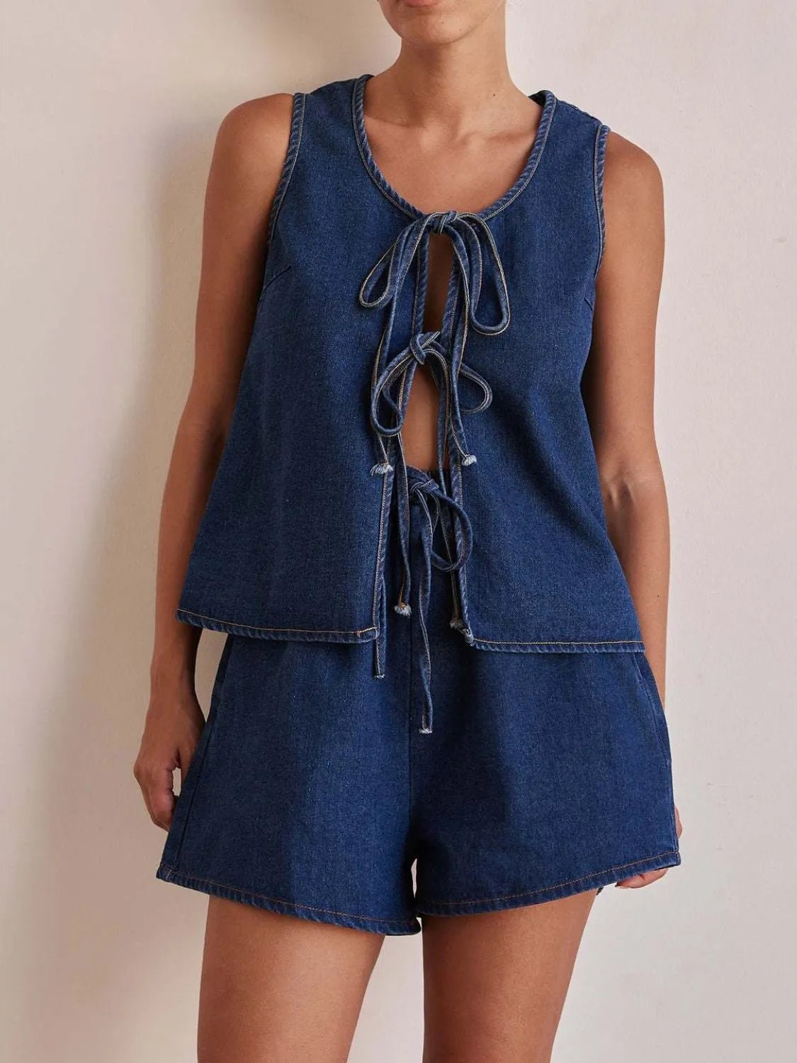 Tie Front Vest and Shorts Denim Set - JUST - JEN BOUTIQUE