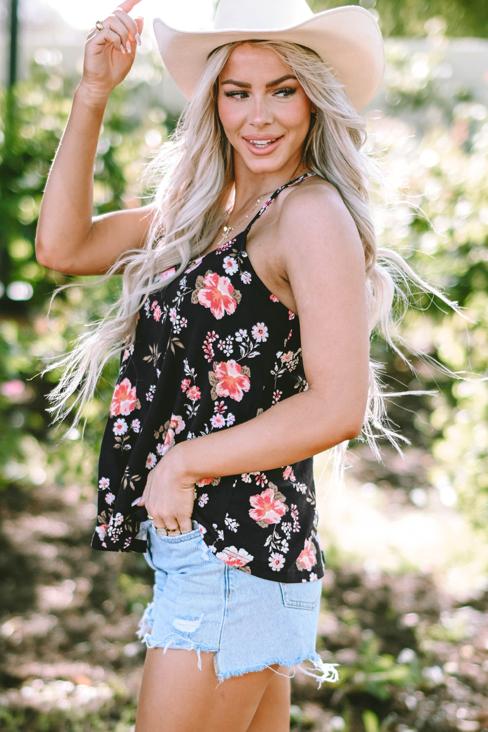 Black Floral Spaghetti Straps Strappy Back Tank Top