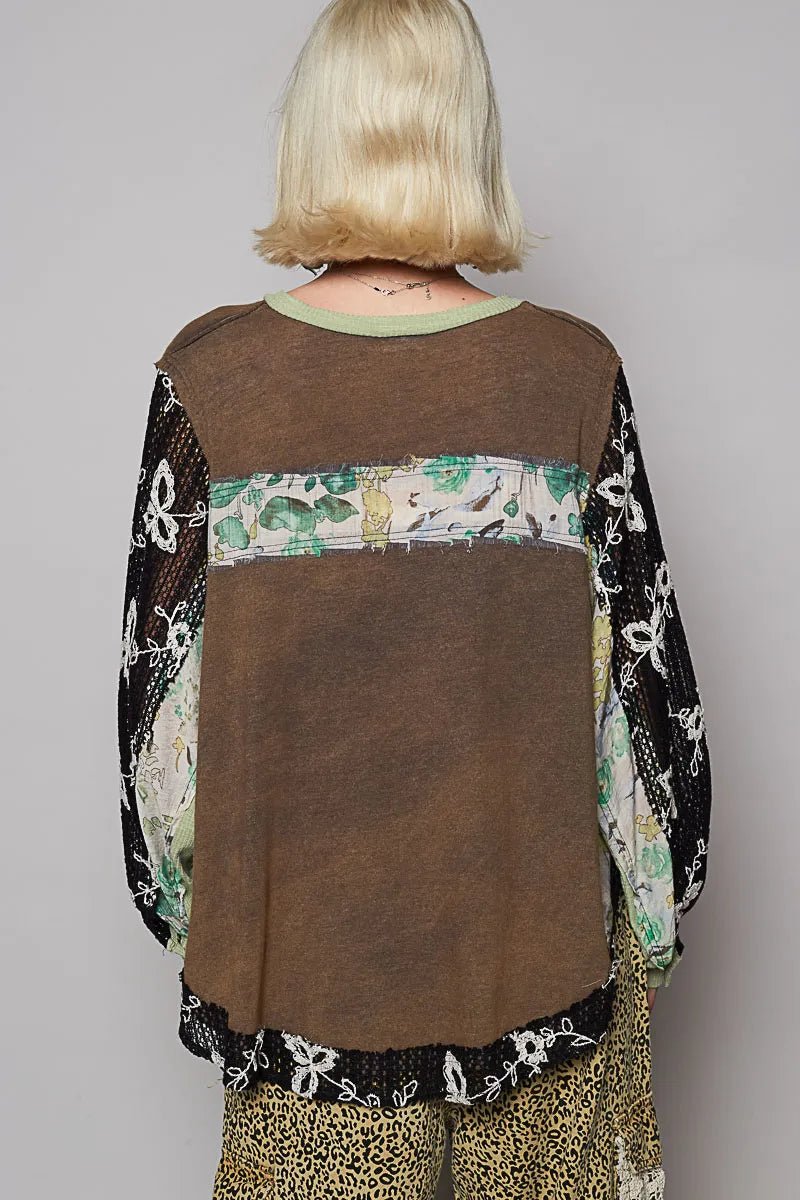 POL Button Detail Floral Patchwork Crochet Sleeve Blouse - JUST - JEN BOUTIQUE