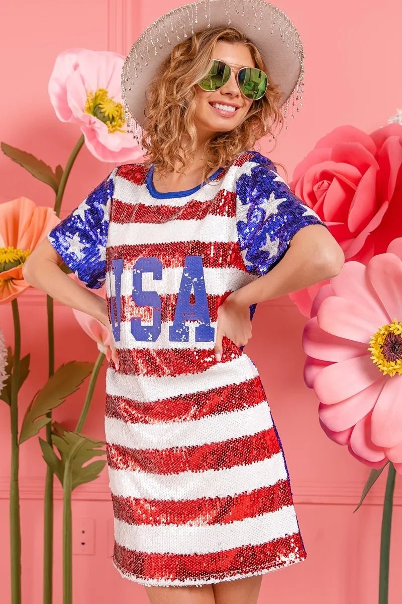 BiBi American Flag Theme Usa Print Sequin Dress - JUST - JEN BOUTIQUE