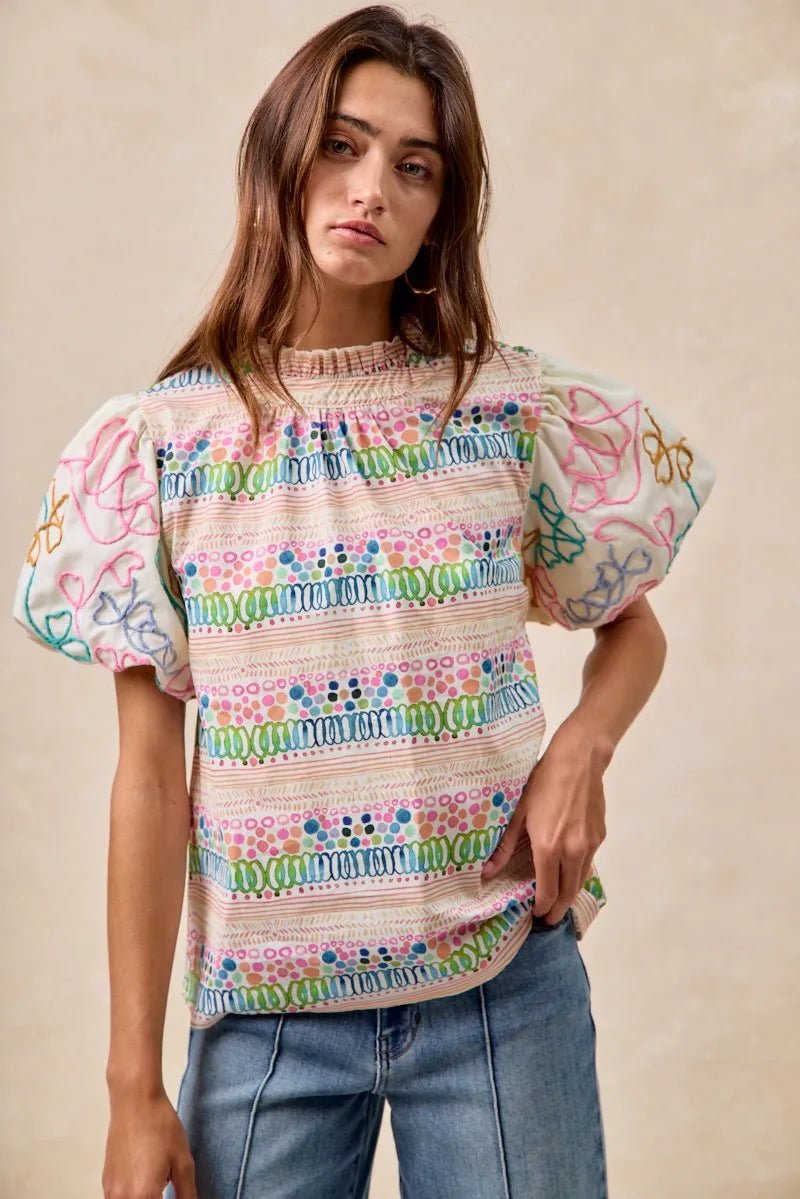 BiBi Ruffle Neckline Blouse With Embroidery Bubble Sleeve - JUST - JEN BOUTIQUE