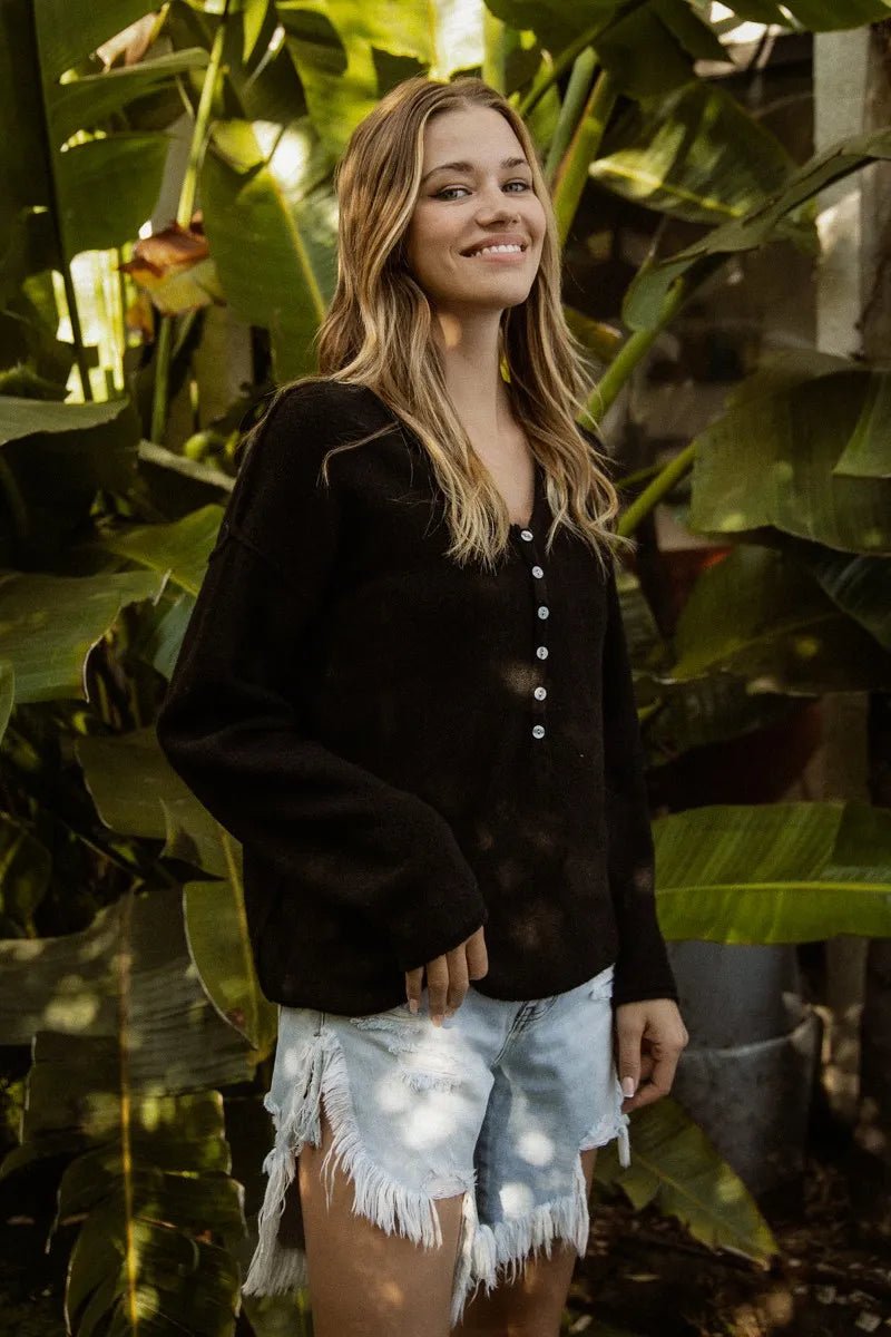 BiBi V Neck Sweater Top With Button Details - JUST - JEN BOUTIQUE