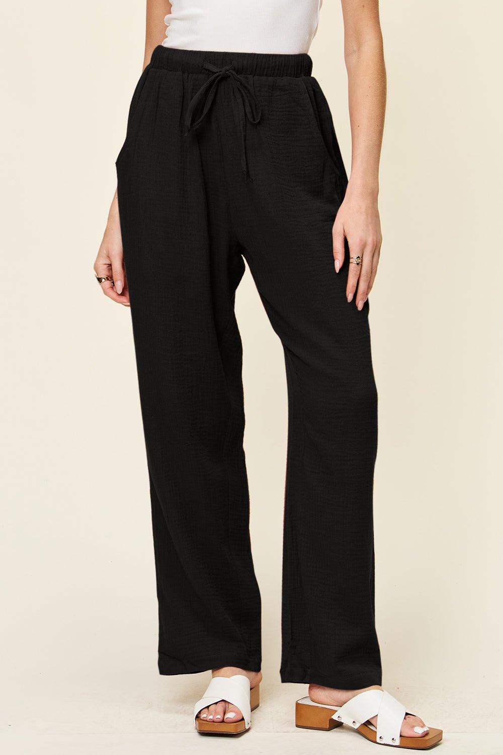 Double Take Full Size Texture Drawstring Straight Pants - JUST - JEN BOUTIQUE