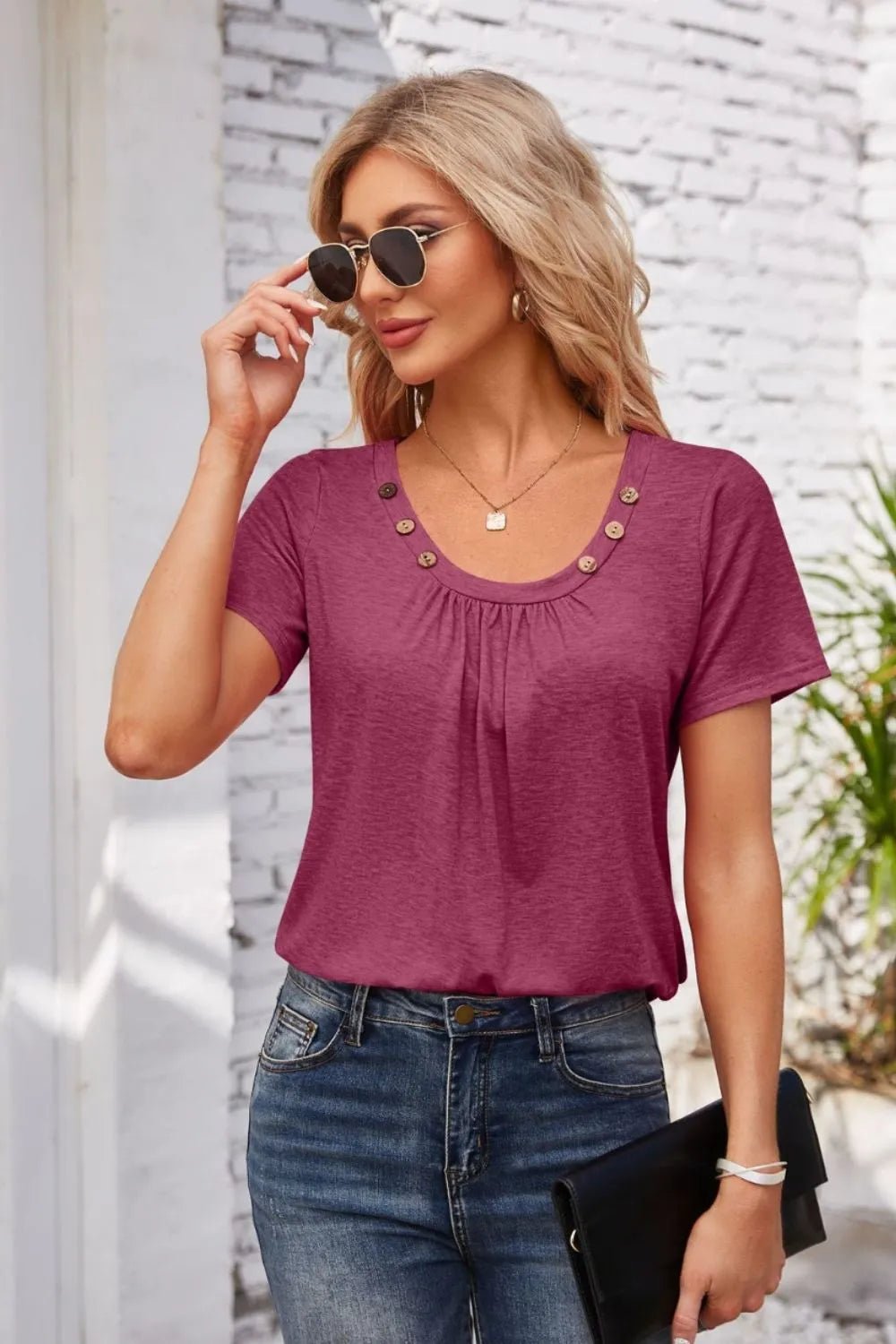 Decorative Button Scoop Neck T-Shirt - JUST - JEN BOUTIQUE