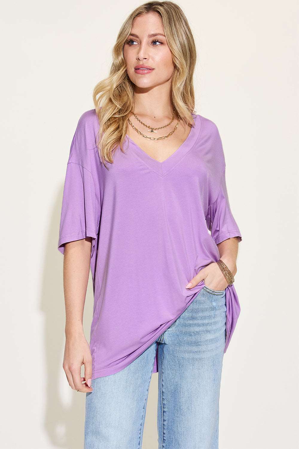 Basic Bae Full Size Bamboo V-Neck Drop Shoulder T-Shirt