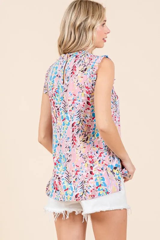 Lime 'N' Chili Full Size Graphic Print Ruffle Trim Mock Neck Sleeveless Top Plus Size - JUST - JEN BOUTIQUE