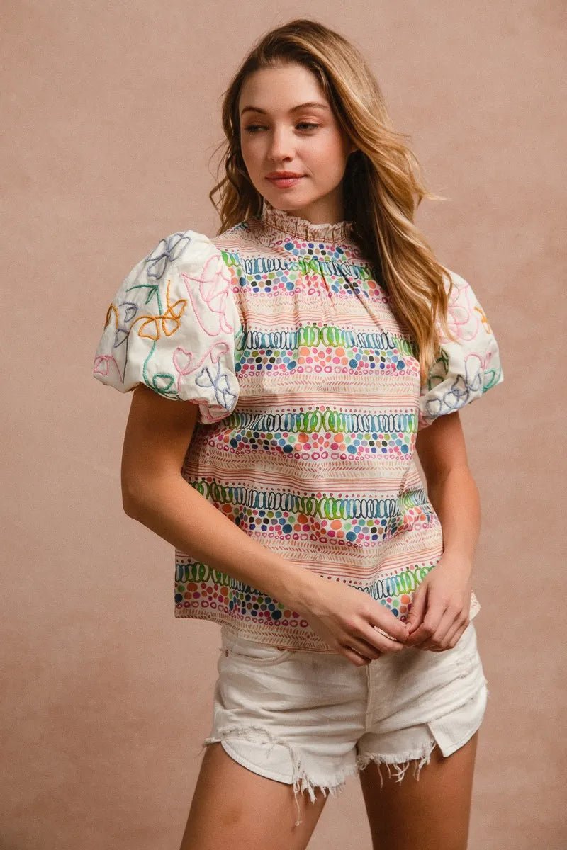 BiBi Ruffle Neckline Blouse With Embroidery Bubble Sleeve - JUST - JEN BOUTIQUE