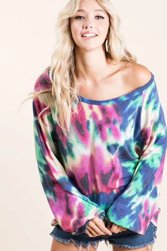 BiBi Tie Dye Print Terry Top with Puff Sleeves - JUST - JEN BOUTIQUE