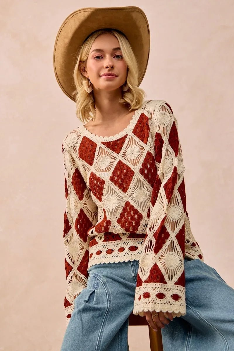 BiBi Diamond Crochet Knit Top - JUST - JEN BOUTIQUE
