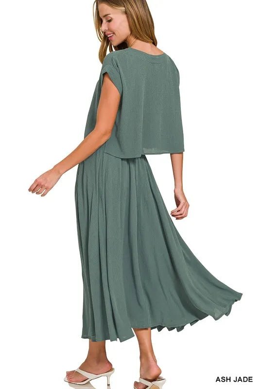 Zenana Woven Crinkle Gauze Crop Tee and Skirt Set - JUST - JEN BOUTIQUE
