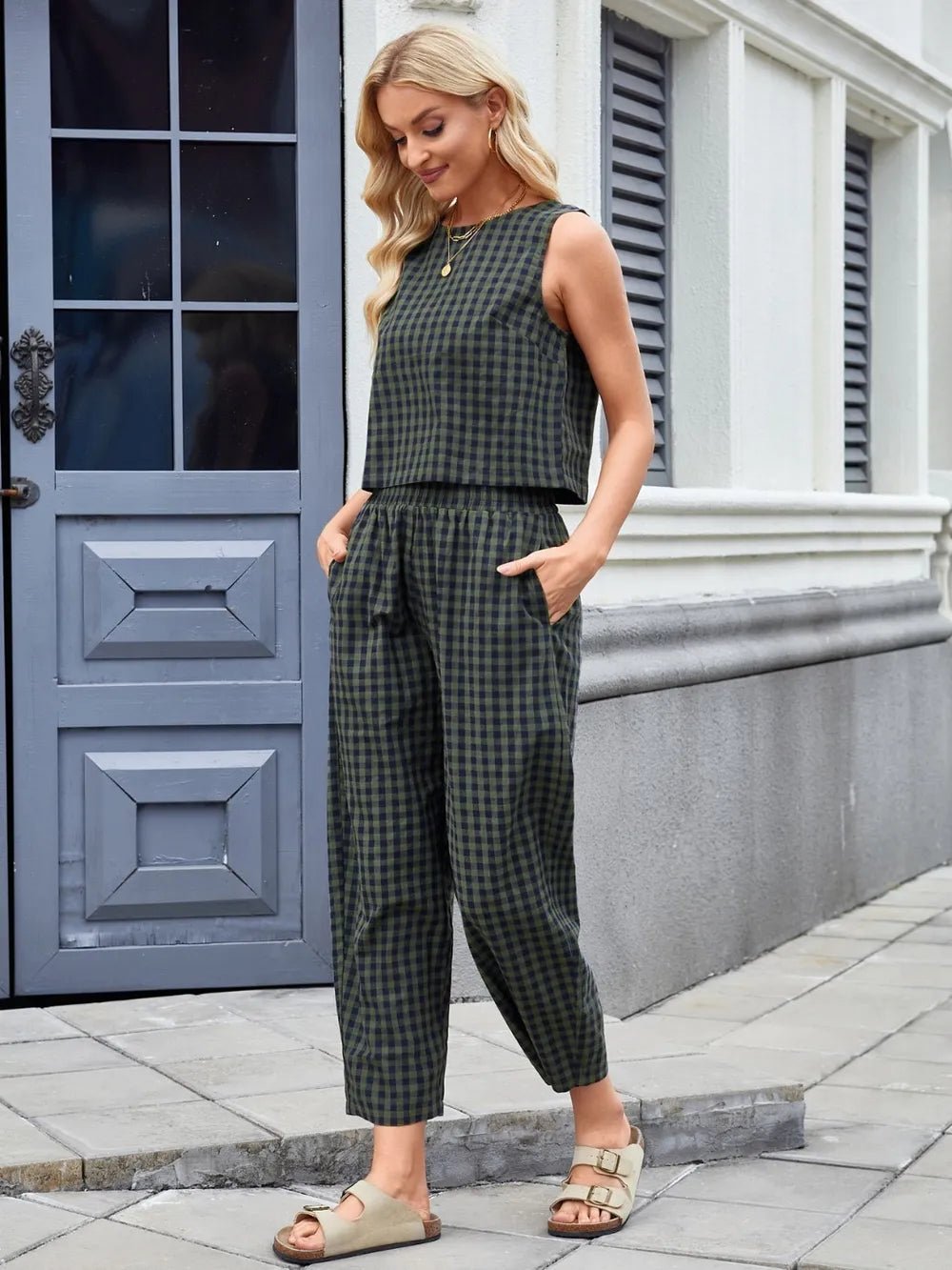 Plaid Sleeveless Top and Pants Set - JUST - JEN BOUTIQUE