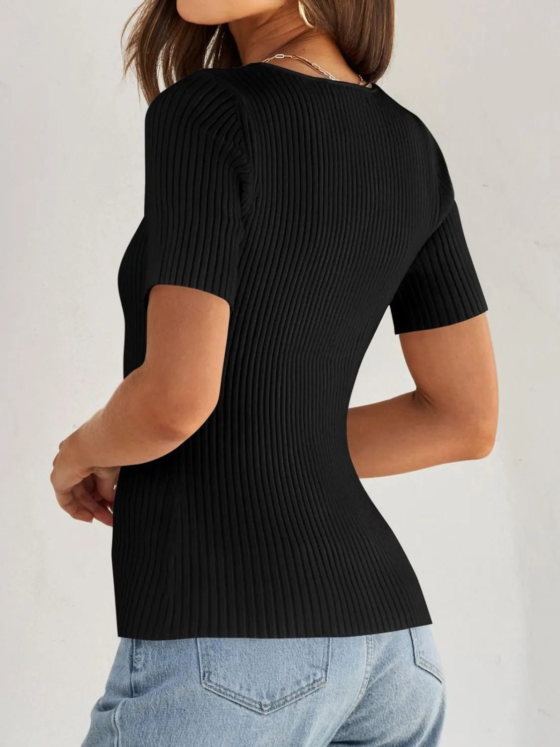 Ribbed Square Neck Short Sleeve Knit Top - JUST - JEN BOUTIQUE
