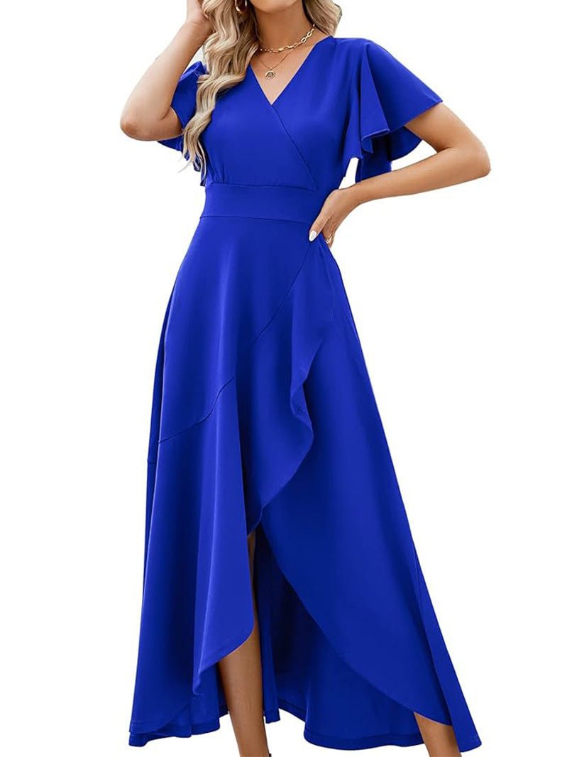 Lotus leaf sleeve V - neck elegant evening gown polyester dress - JUST - JEN BOUTIQUE