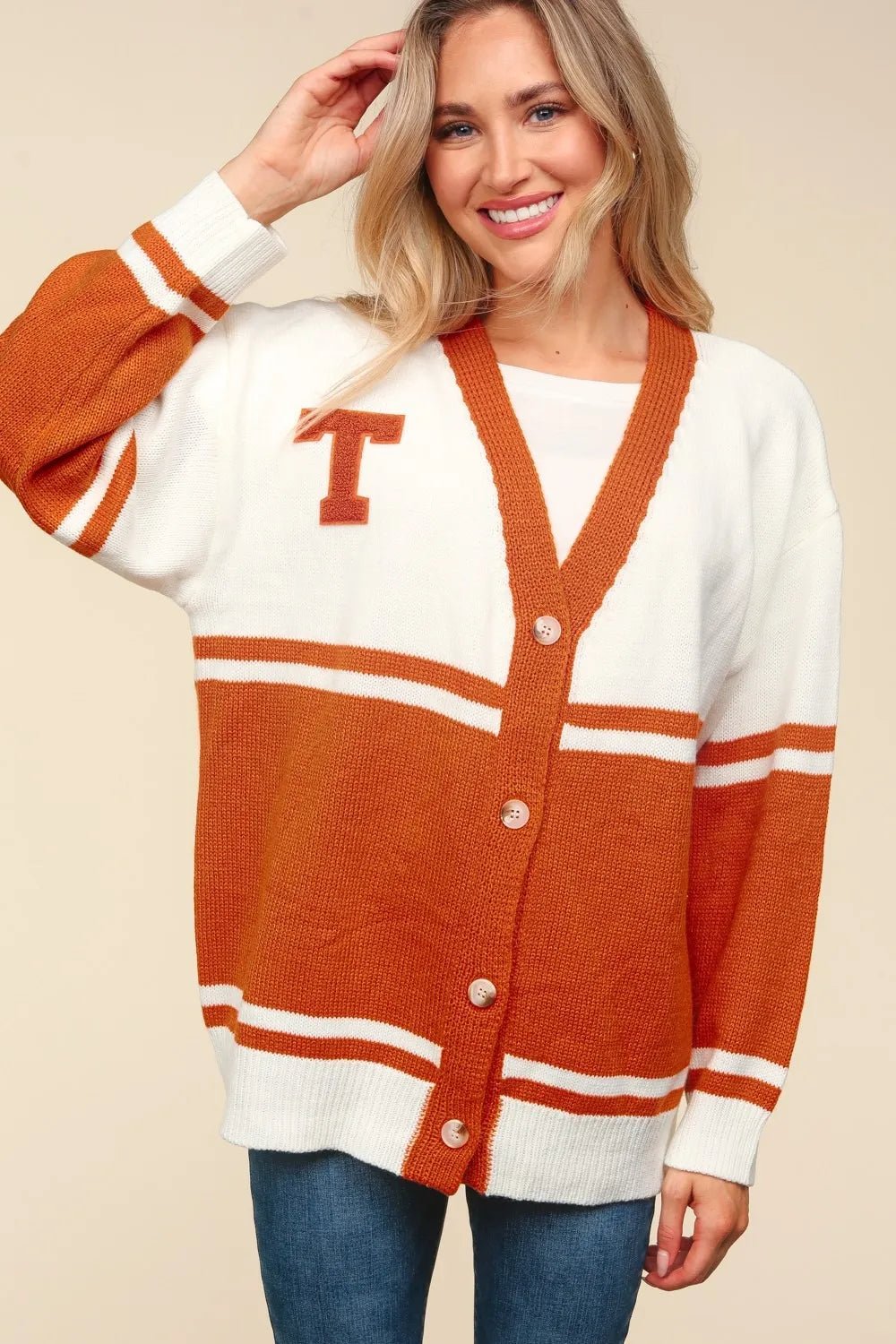 Haptics Full Size V Neck Button Down Letter Patch Cardigan - JUST - JEN BOUTIQUE