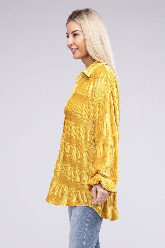 Wrinkle Effect Tiered Shirring Velvet Shirt - JUST - JEN BOUTIQUE