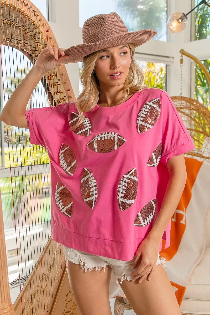 BiBi Game Day Sequins Patched Half Sleeves Top - JUST - JEN BOUTIQUE