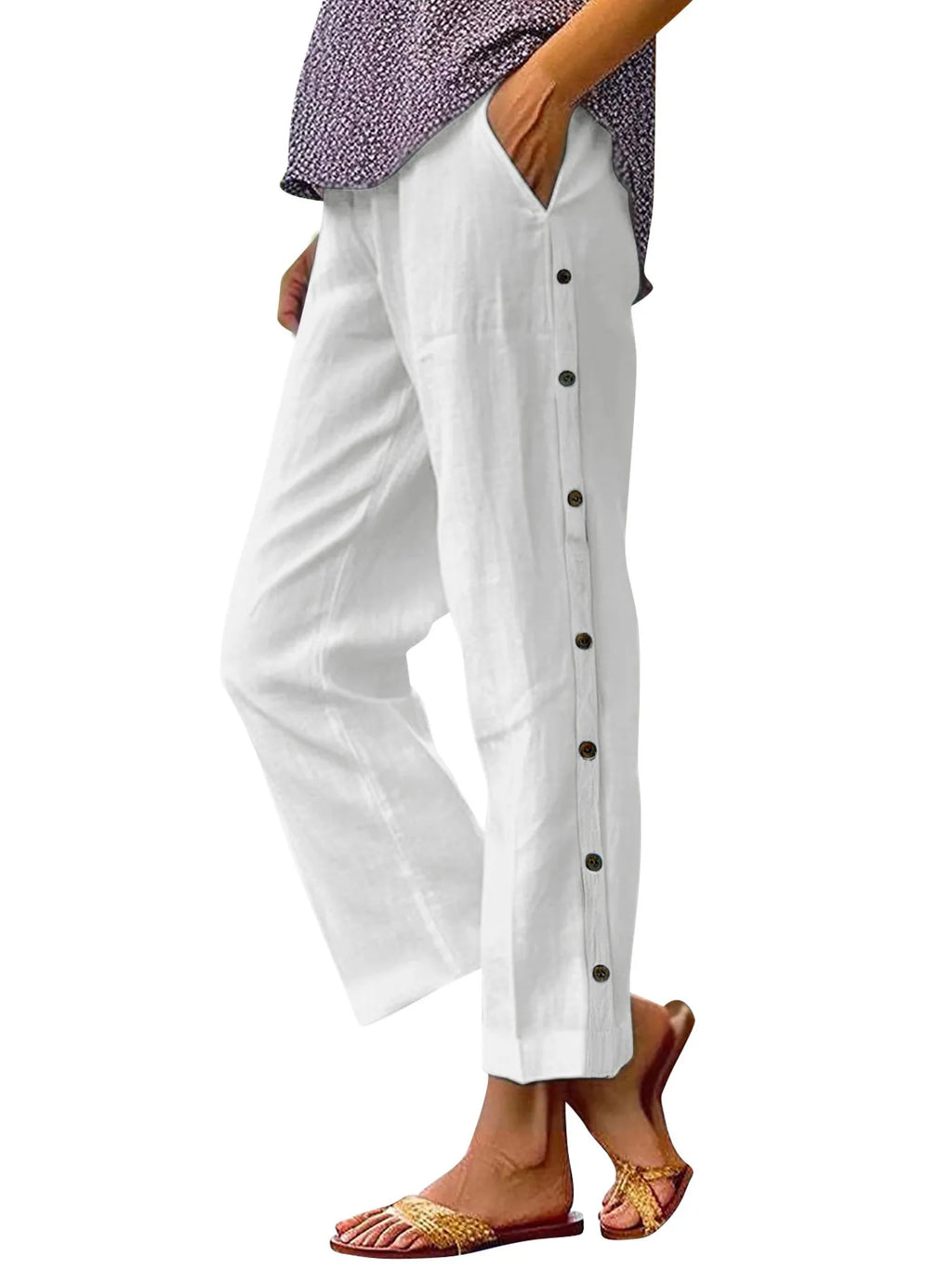 Full Size Side Decor Button Casual Wide Leg Pants Plus Size - JUST - JEN BOUTIQUE