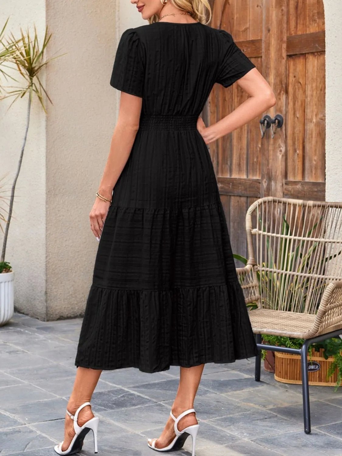 Tiered Notched Short Sleeve Dress - JUST - JEN BOUTIQUE