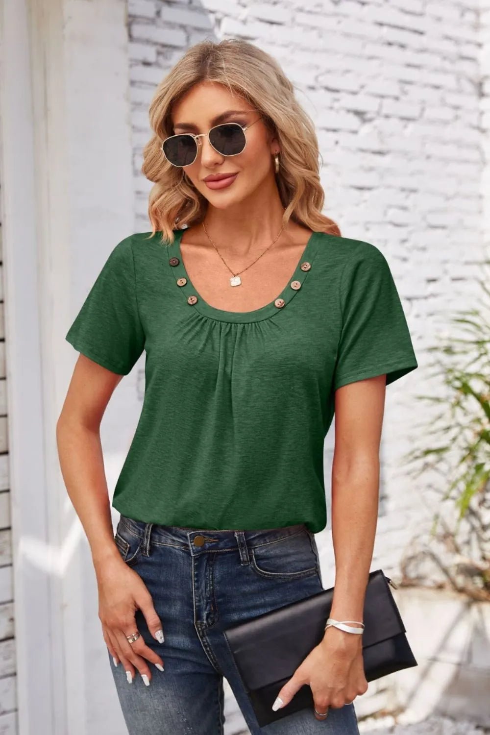 Decorative Button Scoop Neck T-Shirt - JUST - JEN BOUTIQUE