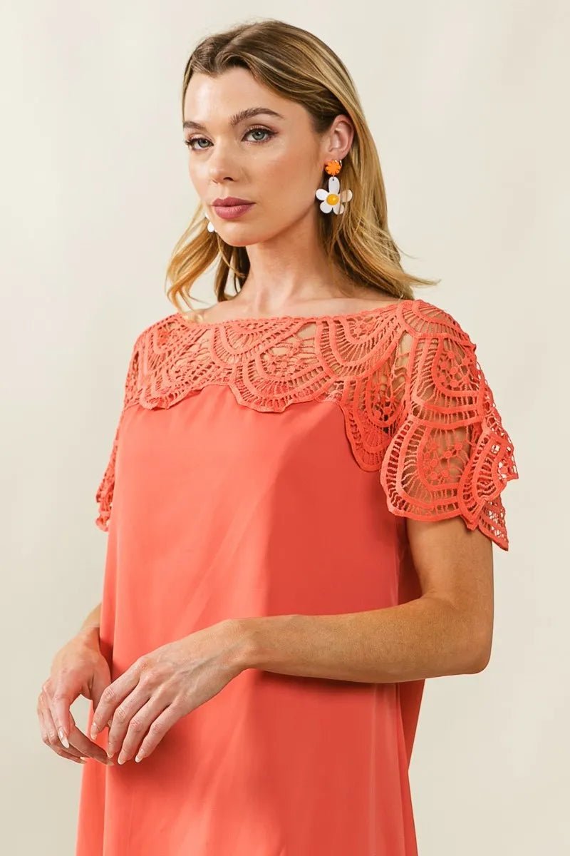 BiBi Crochet Lace Yoke Detailed Wrinkled Dress - JUST - JEN BOUTIQUE