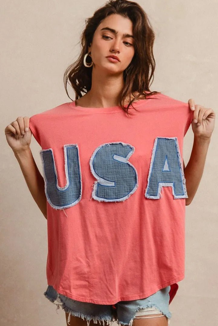 BiBi Washed Jersey With Usa Patched Raw Cut Edge Detail - JUST - JEN BOUTIQUE