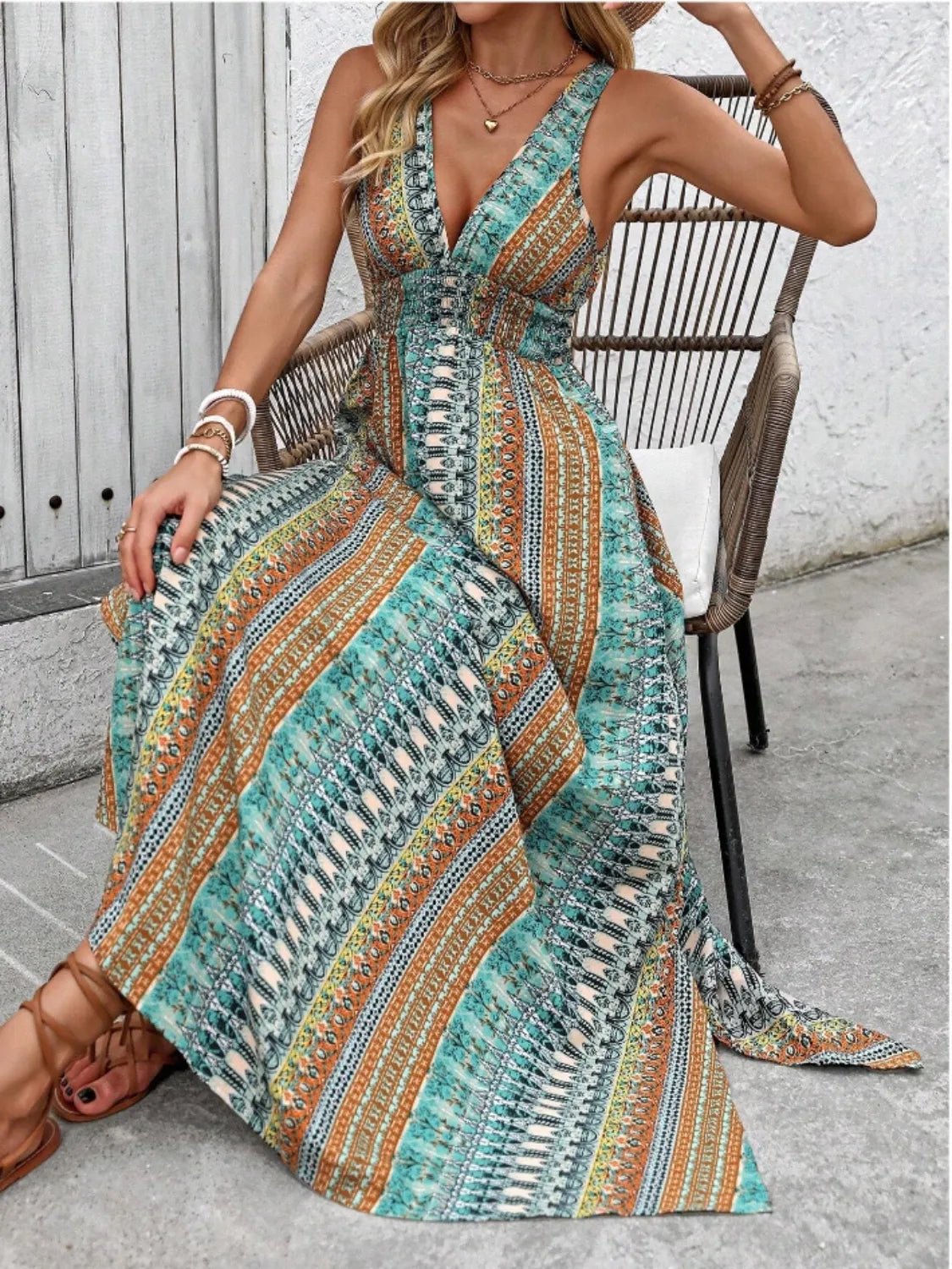 Tied Back Printed Sleeveless Maxi Slit Dress - JUST - JEN BOUTIQUE