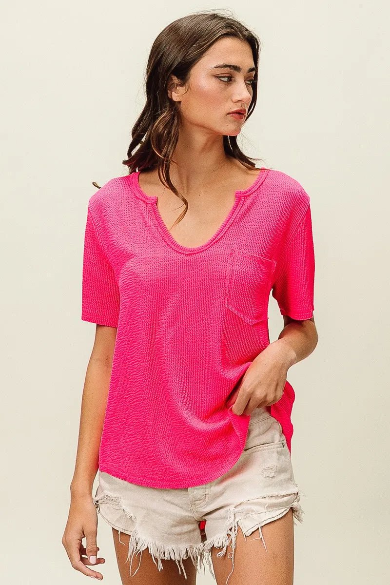 BiBi Waved Rib U Neck Top With Front Pocket - JUST - JEN BOUTIQUE