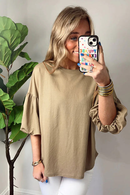 Light French Beige Solid Color Lantern Sleeve Drop Shoulder Blouse