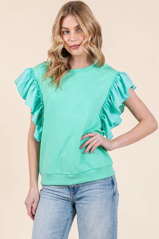 Lime 'N' Chili Solid Shoulder Ruffle Detail Round Neck Top - JUST - JEN BOUTIQUE