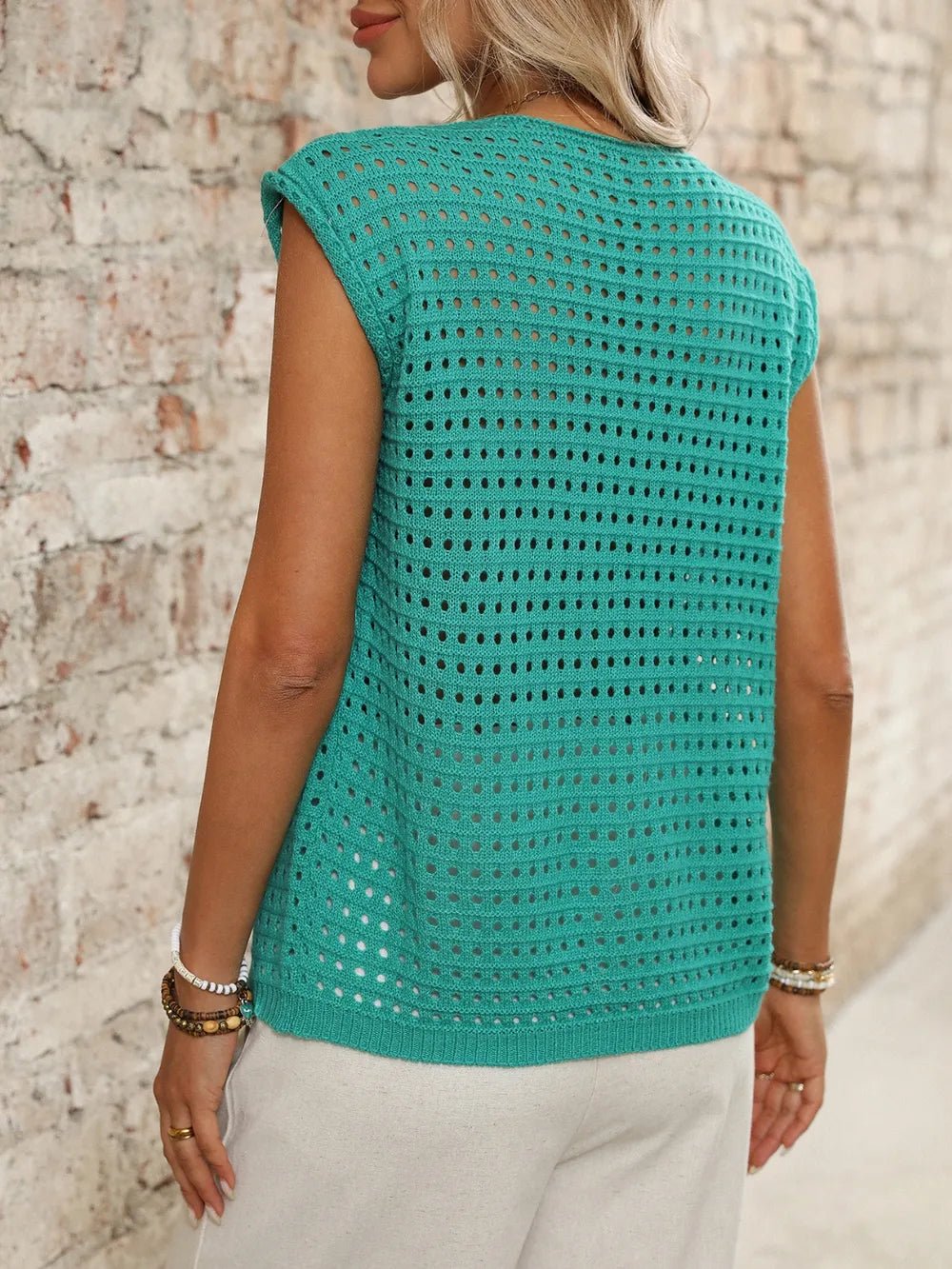 Tied Front Openwork V - Neck Knit Top - JUST - JEN BOUTIQUE