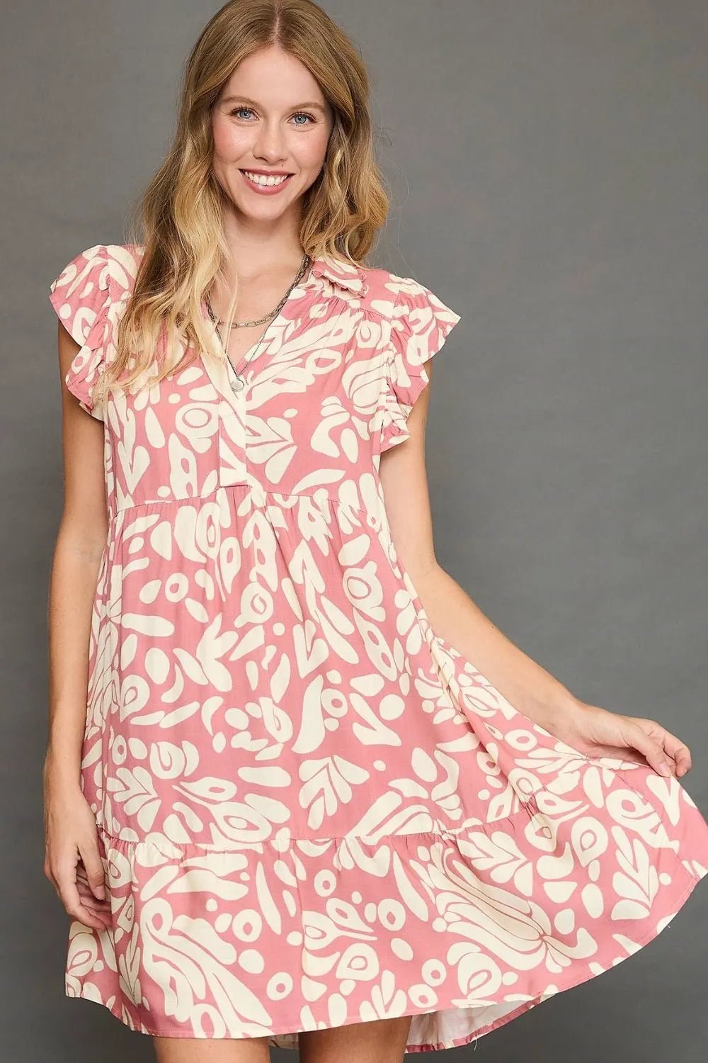 Umgee Full Size Two Tone Printed Ruffled Cap Sleeve Mini Dress Plus Size - JUST - JEN BOUTIQUE