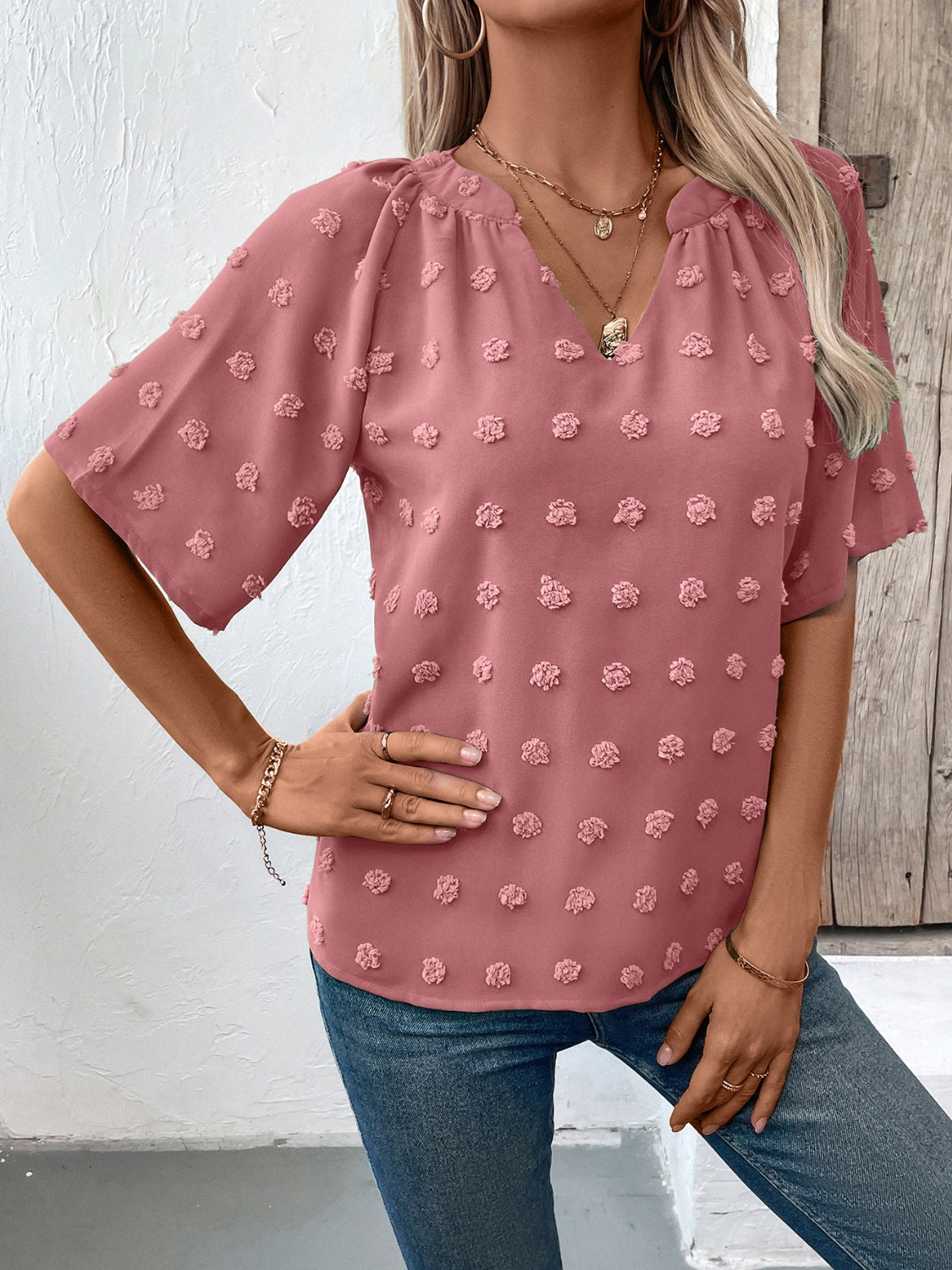 Ivy Lane Swiss Dot Notched Half Sleeve Blouse