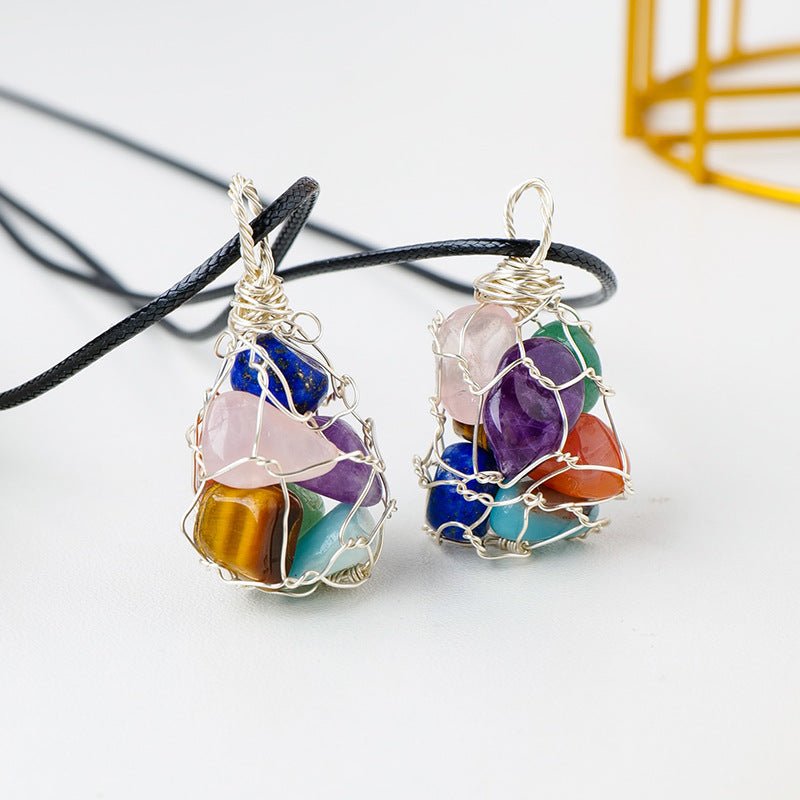 Natural Crystal Crushed Stone Rolling Stone Mesh Pendant Colorful Stone Handmade Copper Wire Wrapped Pendant Necklace Pendant - JUST - JEN BOUTIQUE