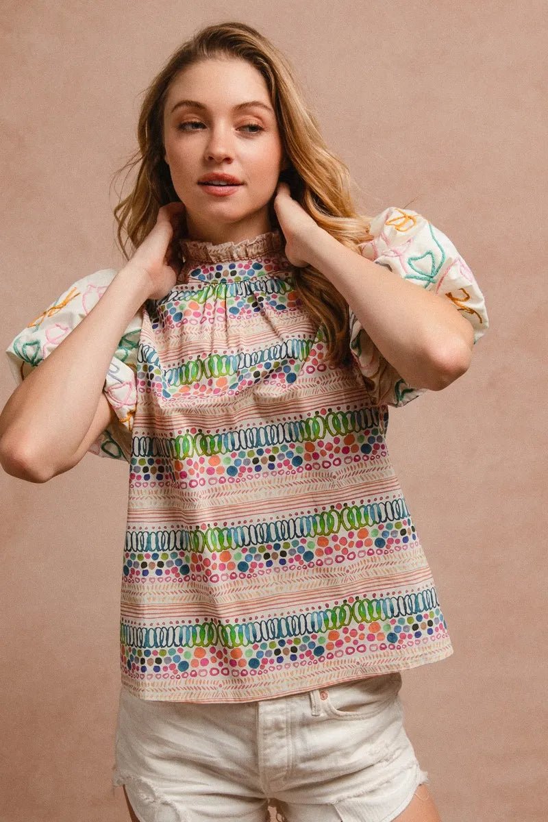 BiBi Ruffle Neckline Blouse With Embroidery Bubble Sleeve - JUST - JEN BOUTIQUE