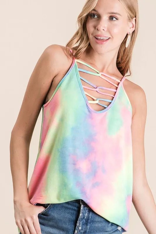 BiBi Tie Dye Terry Caged Neck Knit Camisole - JUST - JEN BOUTIQUE