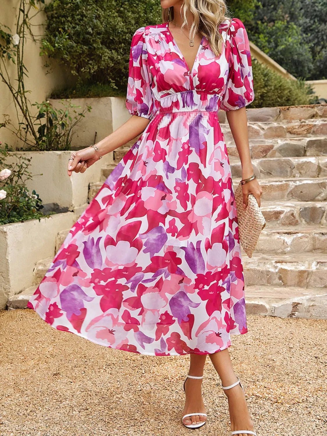 Printed Puff Sleeve Midi Dress - JUST - JEN BOUTIQUE