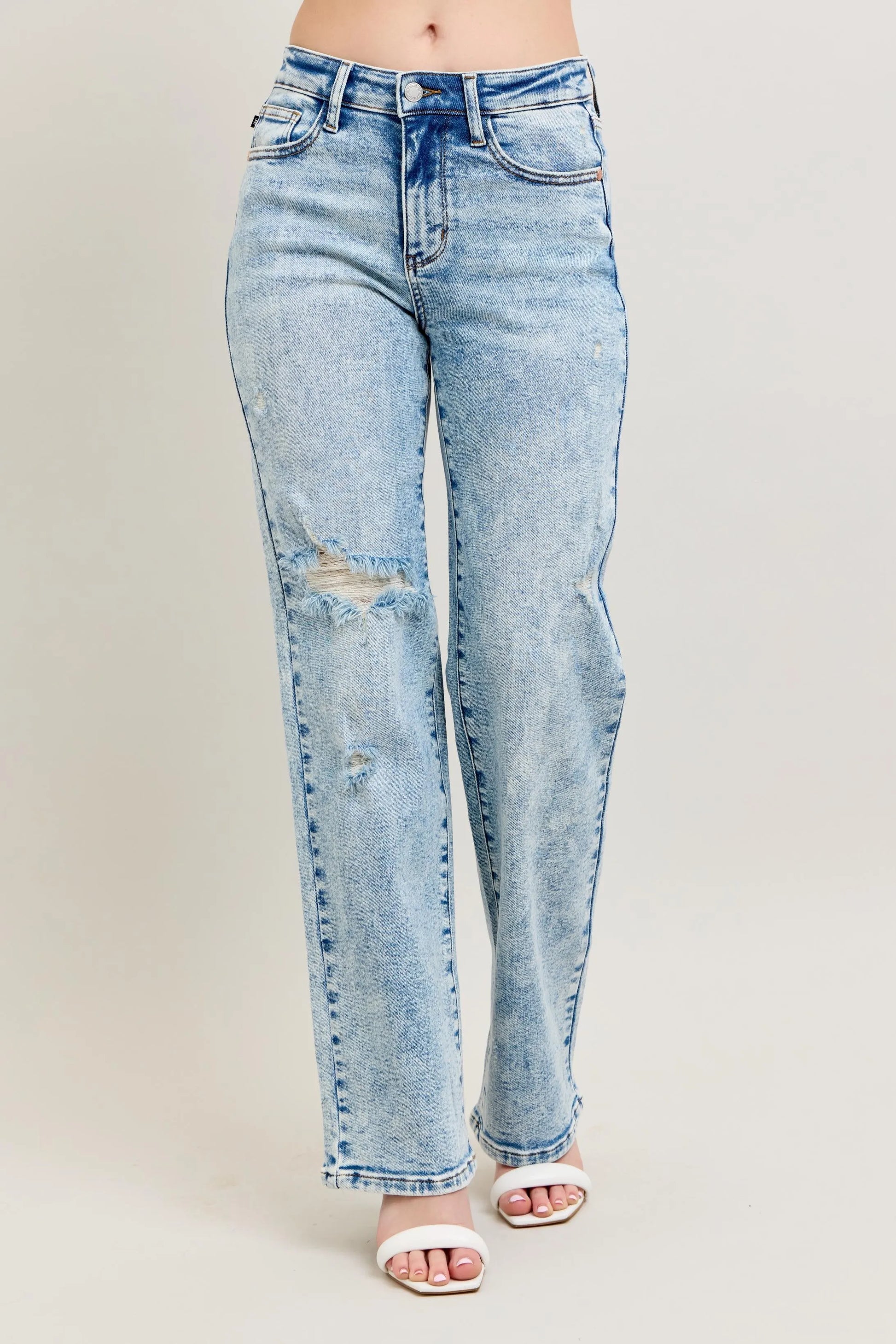Judy Blue Full Size Hw Mineral Wash Destroy 90's Straight Jeans Plus Size - JUST - JEN BOUTIQUE