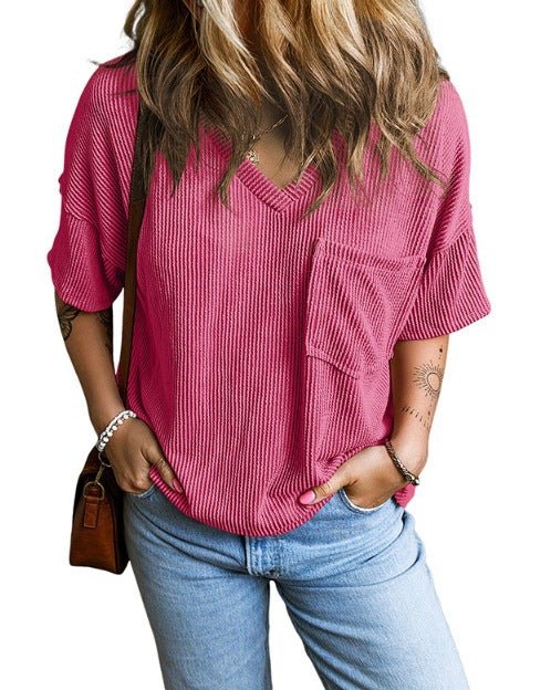 Fashion Two tone Twist Shot Pullover Short Sleeve V - neck Top Women's Shirt - JUST - JEN BOUTIQUE