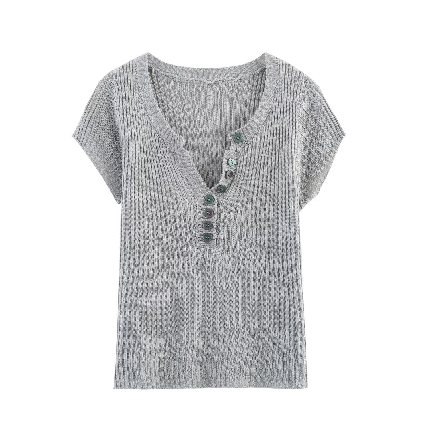 V - neck short sleeved button knit T-shirt top for women - JUST - JEN BOUTIQUE
