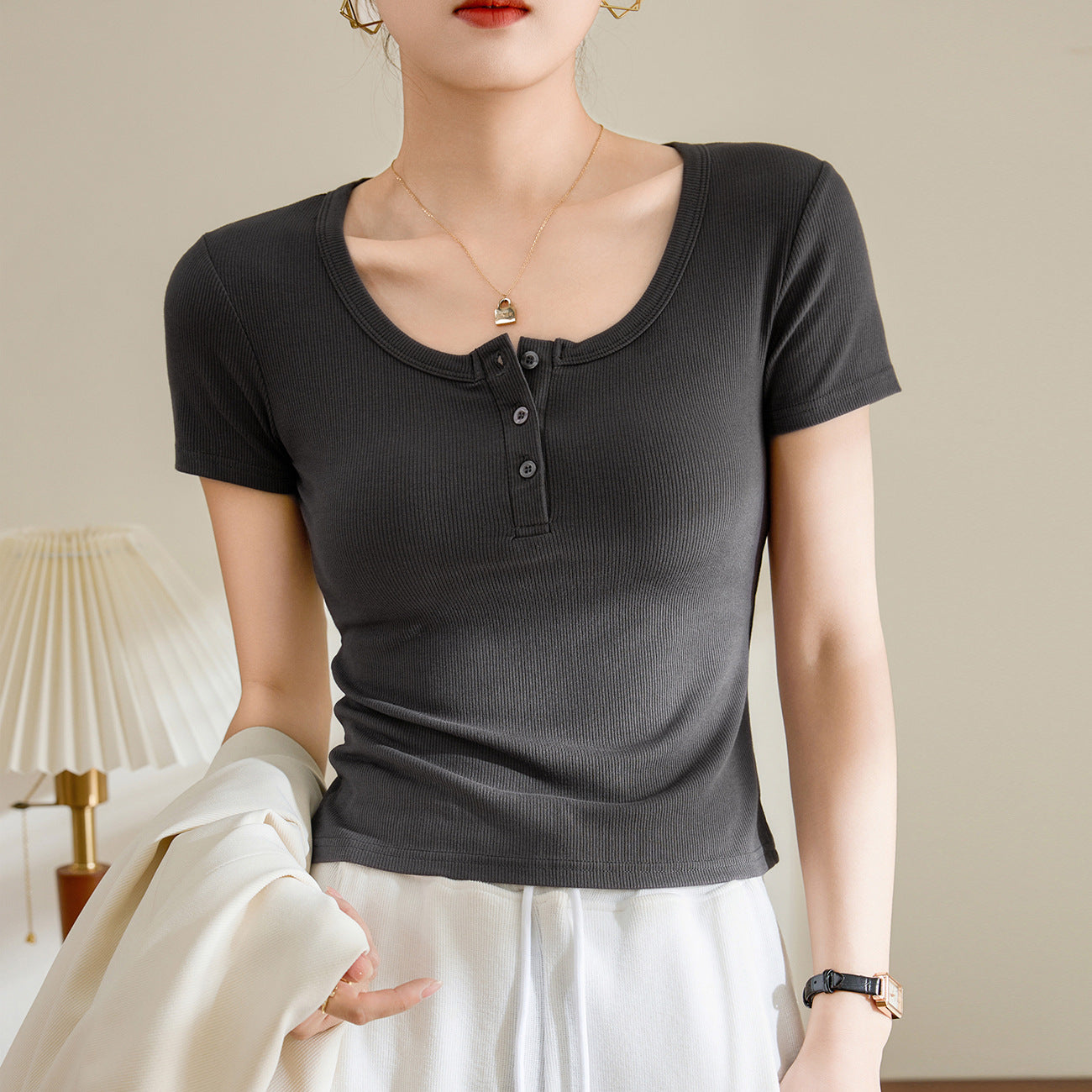 Button up U-neck short sleeved top