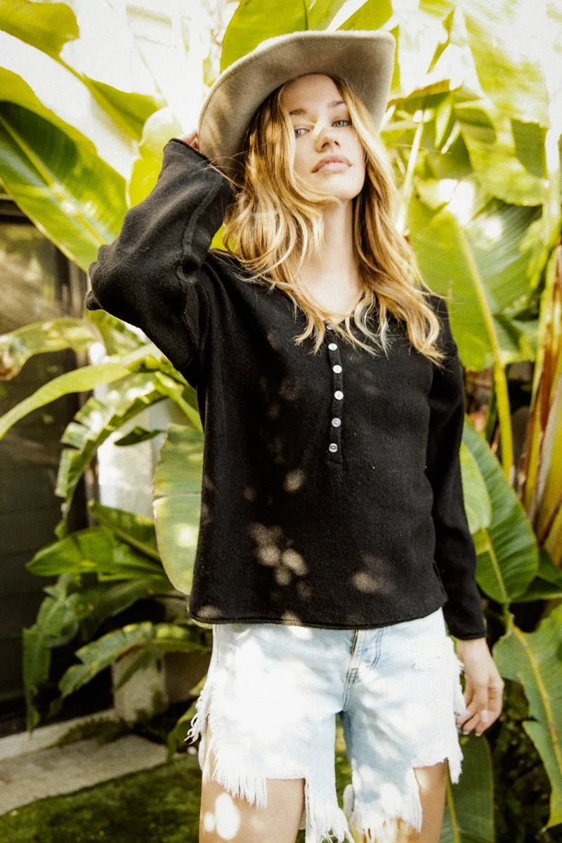 BiBi V Neck Sweater Top With Button Details - JUST - JEN BOUTIQUE
