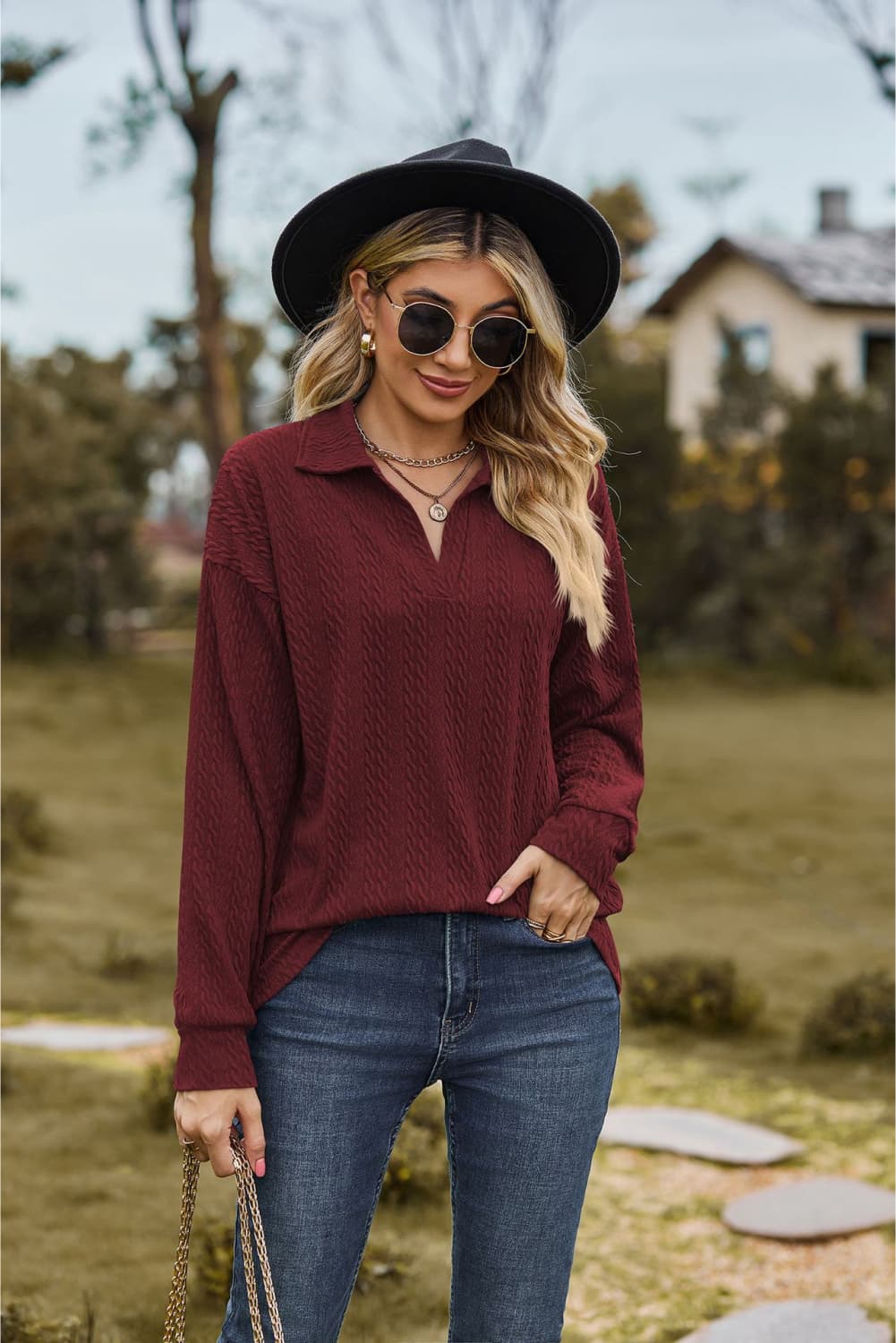 Collared Neck Cable - Knit Long Sleeve Blouse - JUST - JEN BOUTIQUE