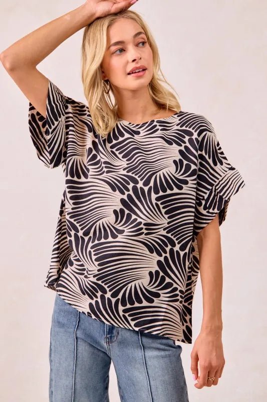 BiBi Print Woven Ruffled Sleeves Top - JUST - JEN BOUTIQUE