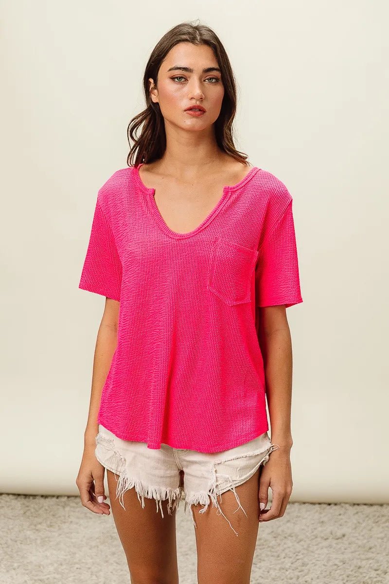 BiBi Waved Rib U Neck Top With Front Pocket - JUST - JEN BOUTIQUE