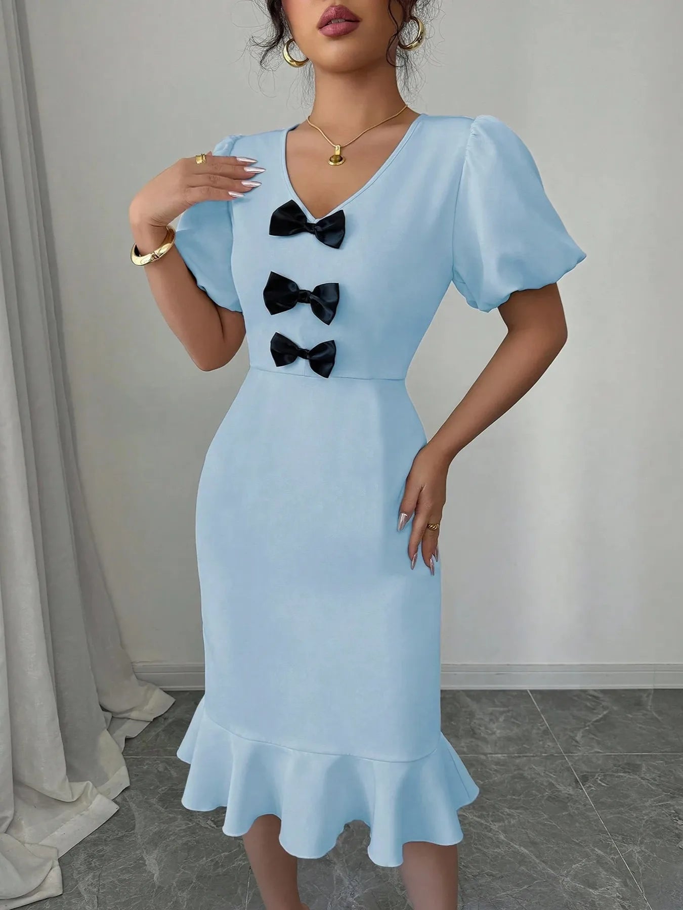 Bow Detail Puff Sleeve Midi Dress - JUST - JEN BOUTIQUE