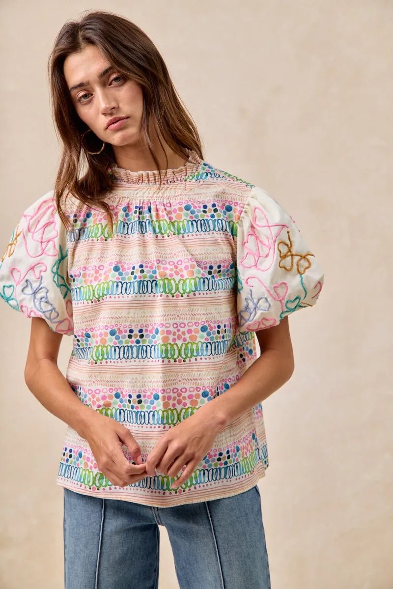 BiBi Ruffle Neckline Blouse With Embroidery Bubble Sleeve - JUST - JEN BOUTIQUE