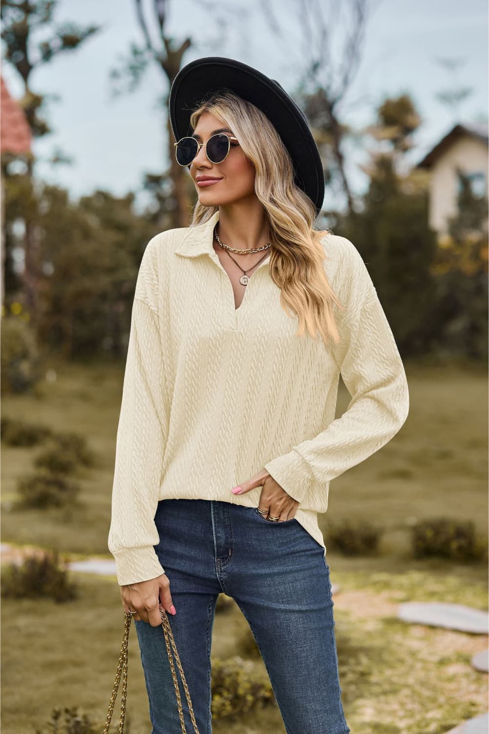 Collared Neck Cable - Knit Long Sleeve Blouse - JUST - JEN BOUTIQUE